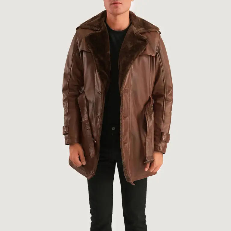Mens Hunter Distressed Brown Fur Leather Coat Open Front-4-1701087297920